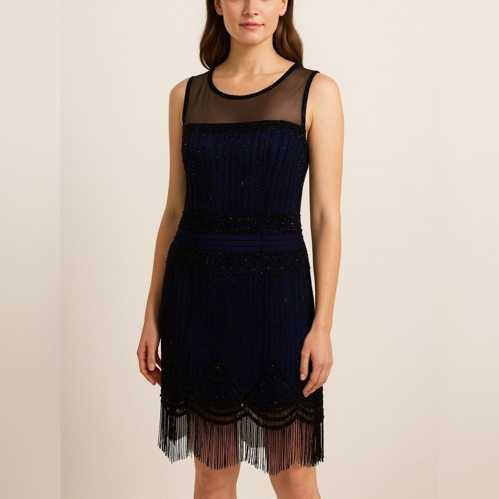 Aidan Mattox Navy and Black Beaded Fringe Mini Dress with Sheer Yoke